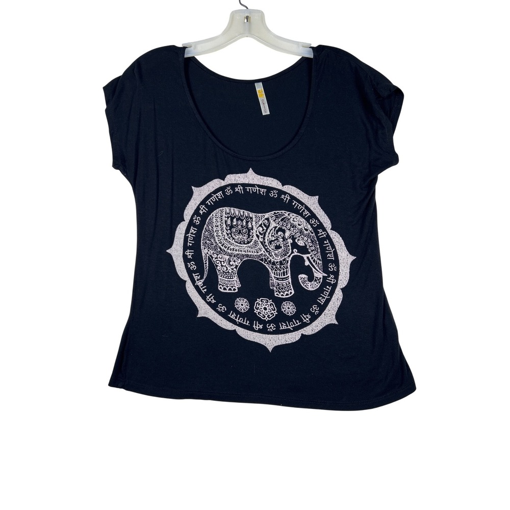 Curasion Womens Elephant Mandala Graphic T-Shirt Black Scoop Neck Large RSM1810